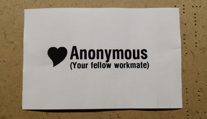 Love Anonymous printout, with heart graphic