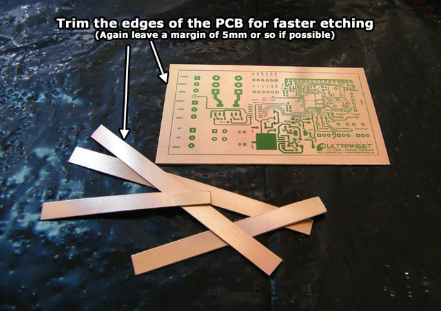 PCB trimmed in preparation for etching
