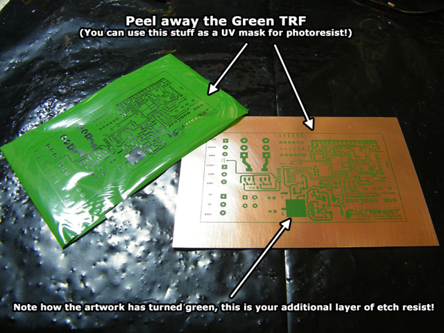 Green TRF foil peeled away from the PCB